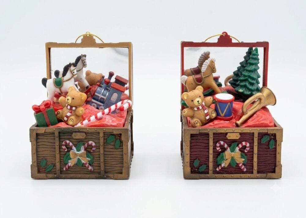 Vintage Christmas Toy Chest Ornaments Set of 2, Miniature Decorations